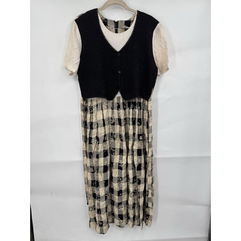 Vintage Allison Che Midi Dress Women 12 Tan Black‎ Pilgrim Peasant Academia
